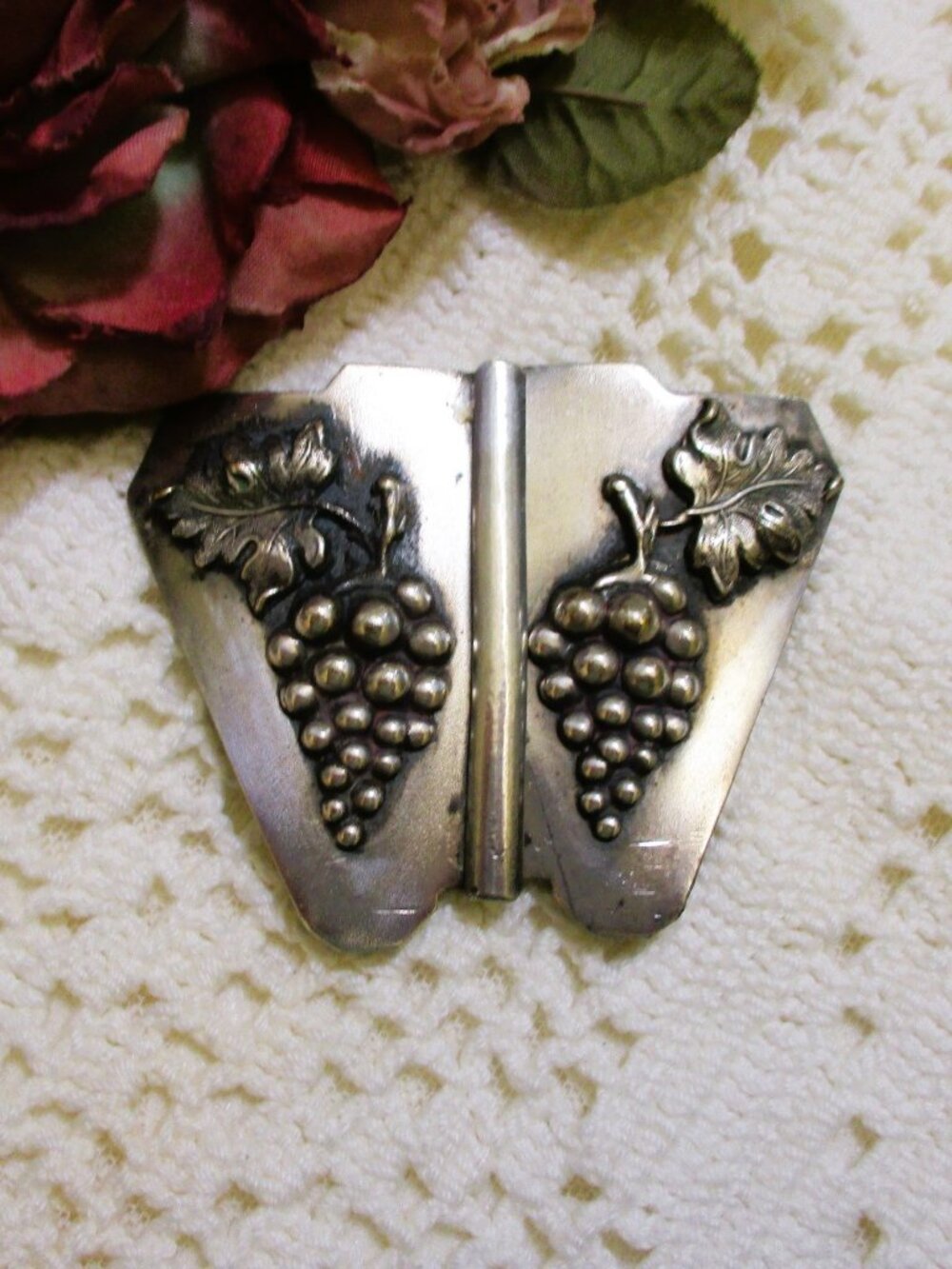 VICTORIAN Silver Plate Belt Buckle: Large, Grape Cluster, Vines 2 Piece Buckle